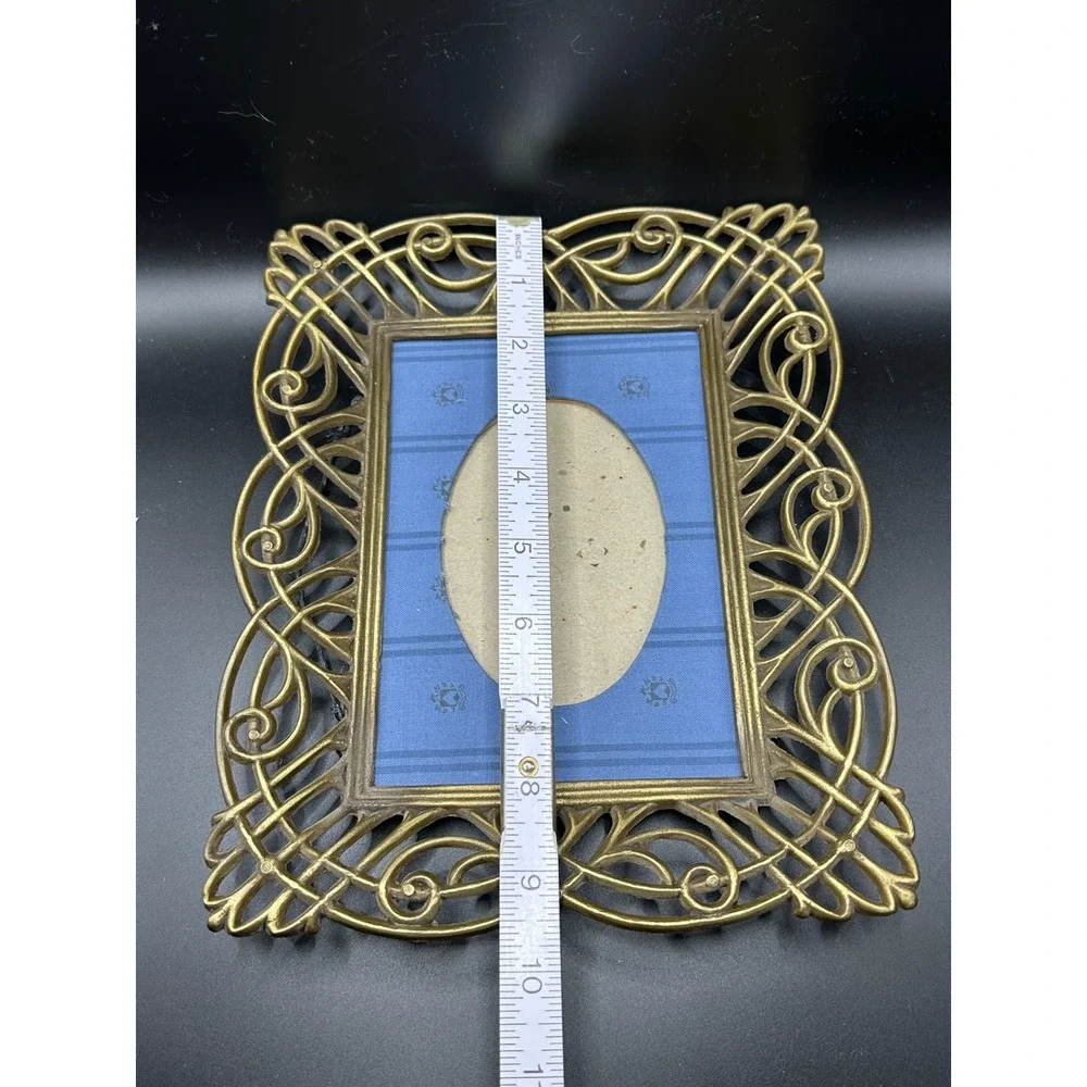 Vintage Ornate Brass Metal Scrollwork Picture Frame with Oval Blue Matte 8x9.5